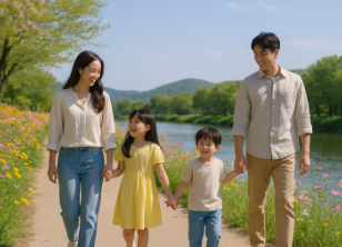 꽃길이 있는 수변 산책로를 따라 산책하고 있는 가족