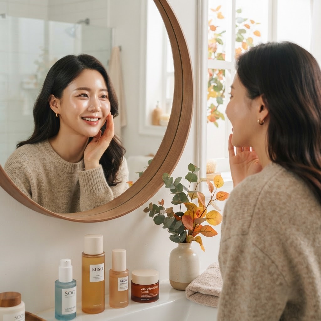 Korean woman smiling gently at her reflection, dewy glowing skin, warm autumn light, cozy bedroom mirror scene, soft focus editorial beauty photography