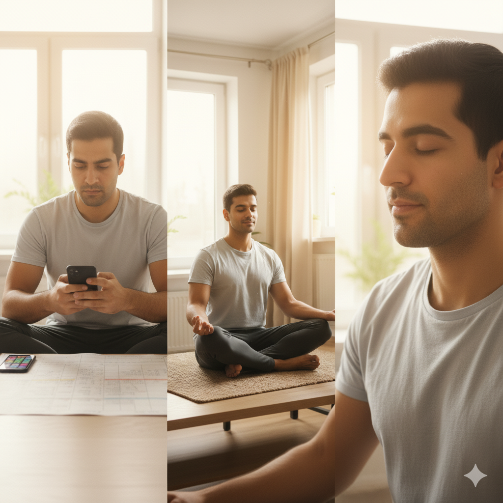 스마트폰을 내려놓고 명상하며 집중력을 회복하는 사람의 모습 (이미지 생성:google)