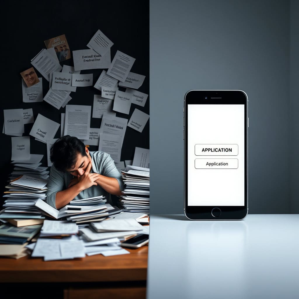 복잡하게 얽힌 서류 더미나 어려운 용어들이 점차 간소화되어 스마트폰이나 태블릿 화면의 직관적인 신청 버튼으로 바뀌는 과정을 시각화합니다. 간편한 UI/UX를 강조하며, 신청 과정의 편리함을 나타냅니다.