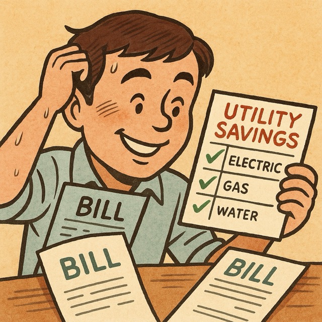 고지서를 보며 머리를 긁적이던 남성이 공과금 절약표를 보고 미소 짓는 모습