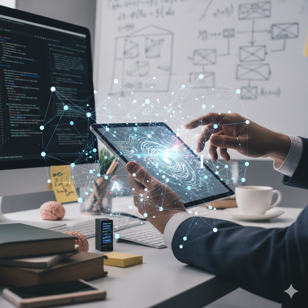 거대한 푸른색 신경망 두뇌가 중앙에 떠 있는 미래형 강의실 또는 관제 센터의 전경이에요. 수많은 학습자가 원형으로 배치된 좌석에 앉아 개인용 모니터를 통해 데이터를 분석하고 있으며, 중앙 홀로그램에는 인공지능 핵심 연산 과정이 시각화되어 있어요. 이는 개별 학습을 넘어선 집단 지성과 고도화된 교육 시스템의 결합을 상징적으로 보여줘요.