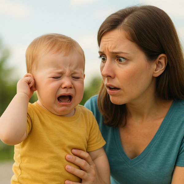 귀를 잡고 우는 아기와 당황한 엄마의 모습 – 유아 중이염 증상을 나타내는 장면