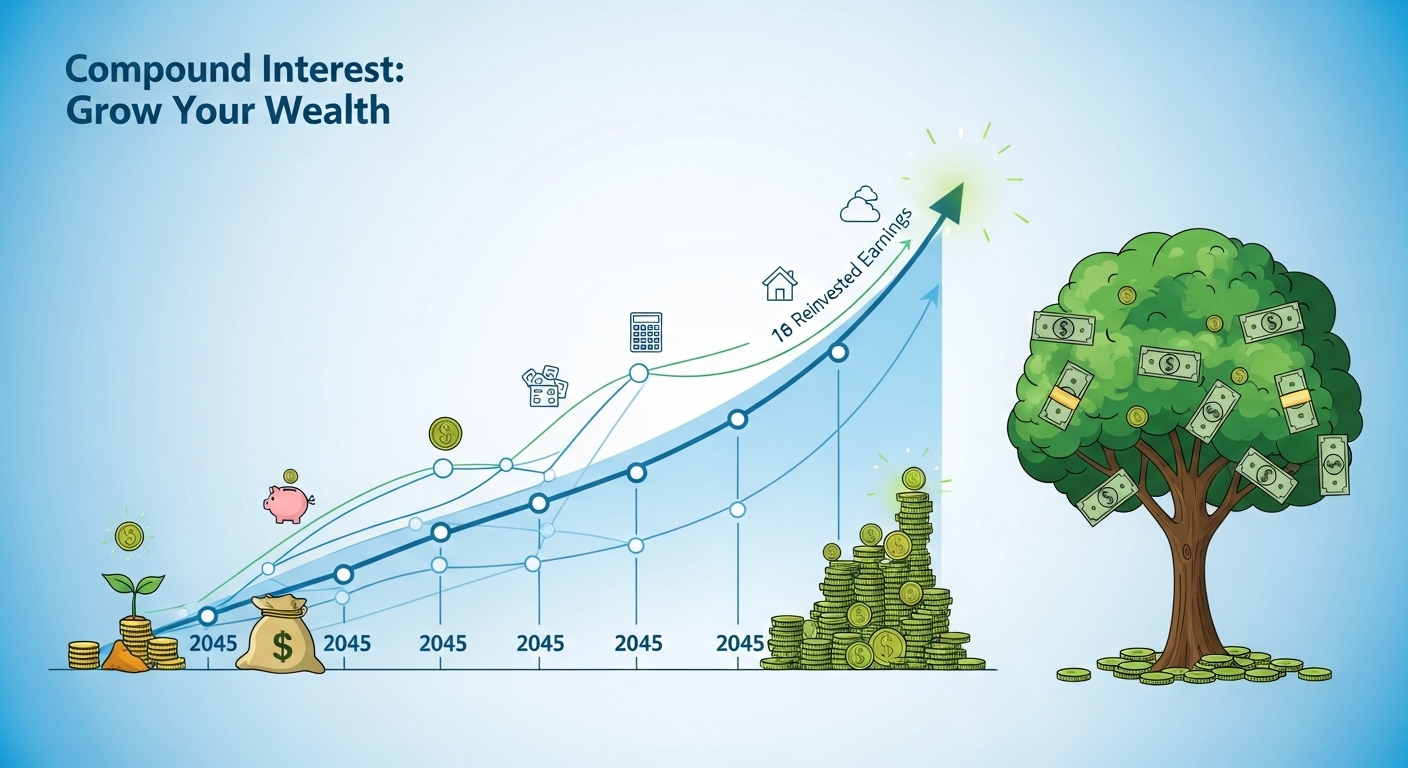 복리 효과로 시간이 지남에 따라 자산이 기하급수적으로 증가하는 모습을 보여주는 그래픽.
