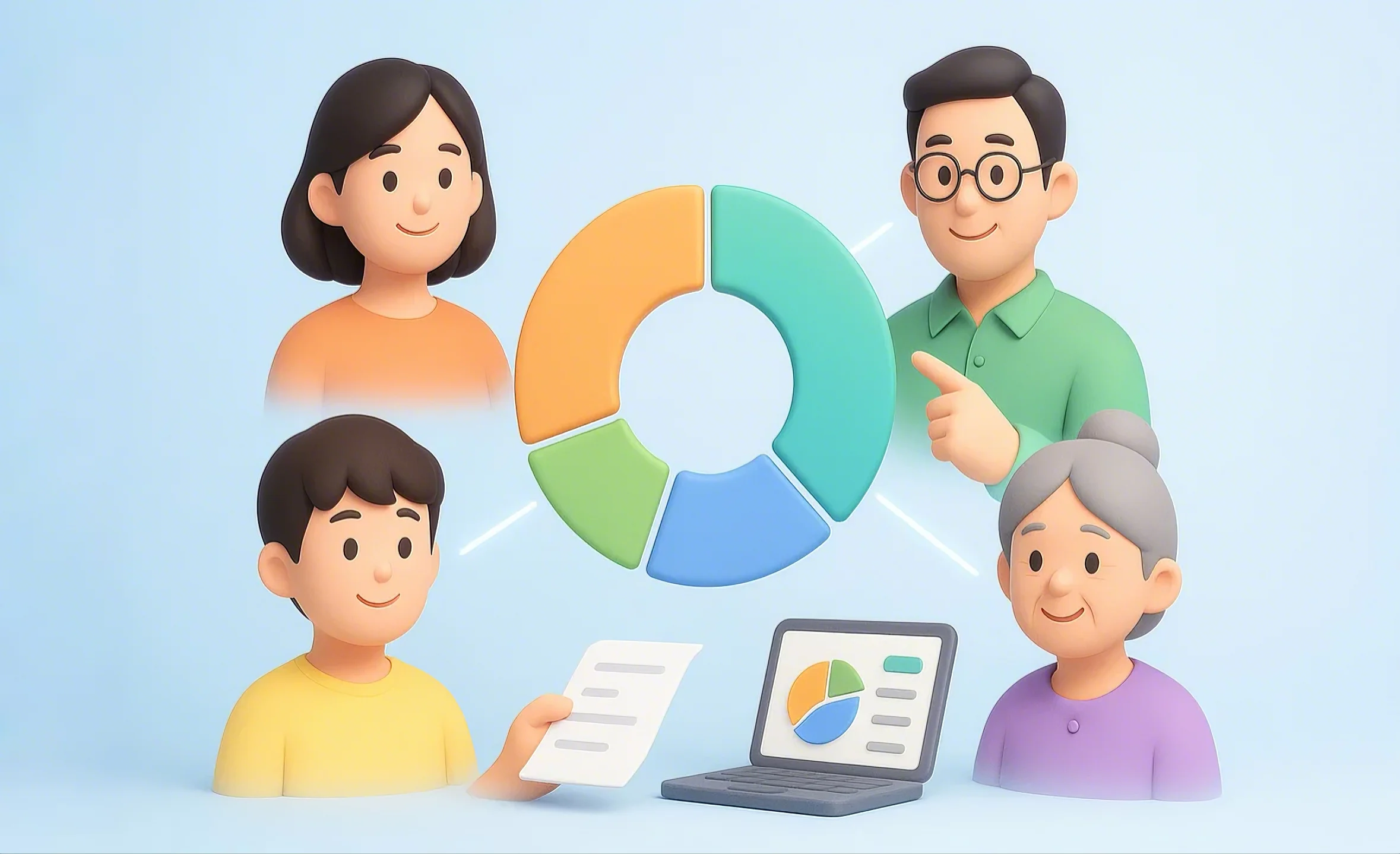 다양한 고객 유형을 나타내는 아이콘들이 원형 그래프 주위에 배치되어 고객 행동 패턴을 분석하는 모습