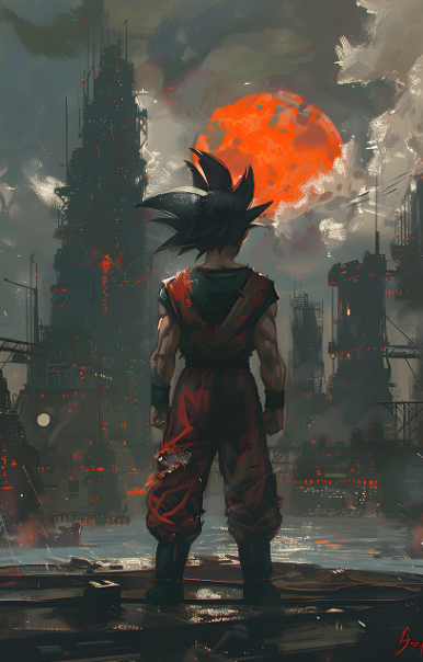 드래곤볼 손오공 뒷모습 디스토피아 붉은 달 폐허 도시 배경 팬아트