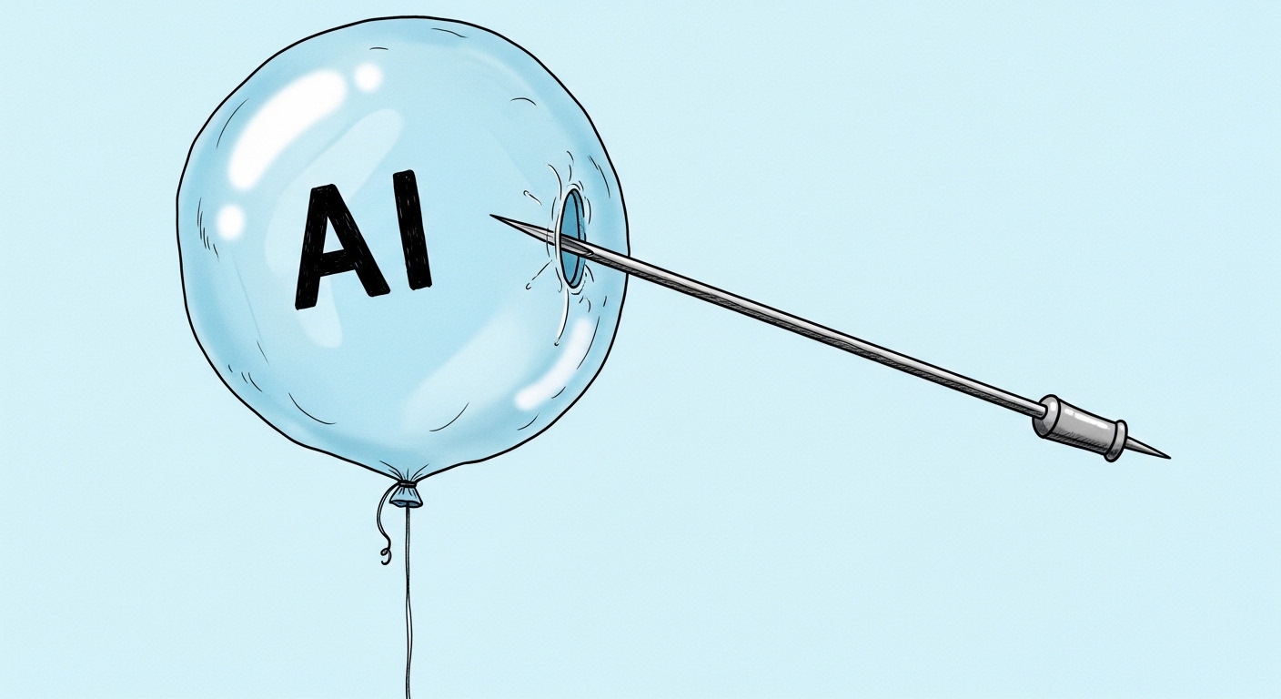 Tense illustration of a giant balloon (bubble) labeled 'AI' with a sharp needle (interest rate) about to pop it.