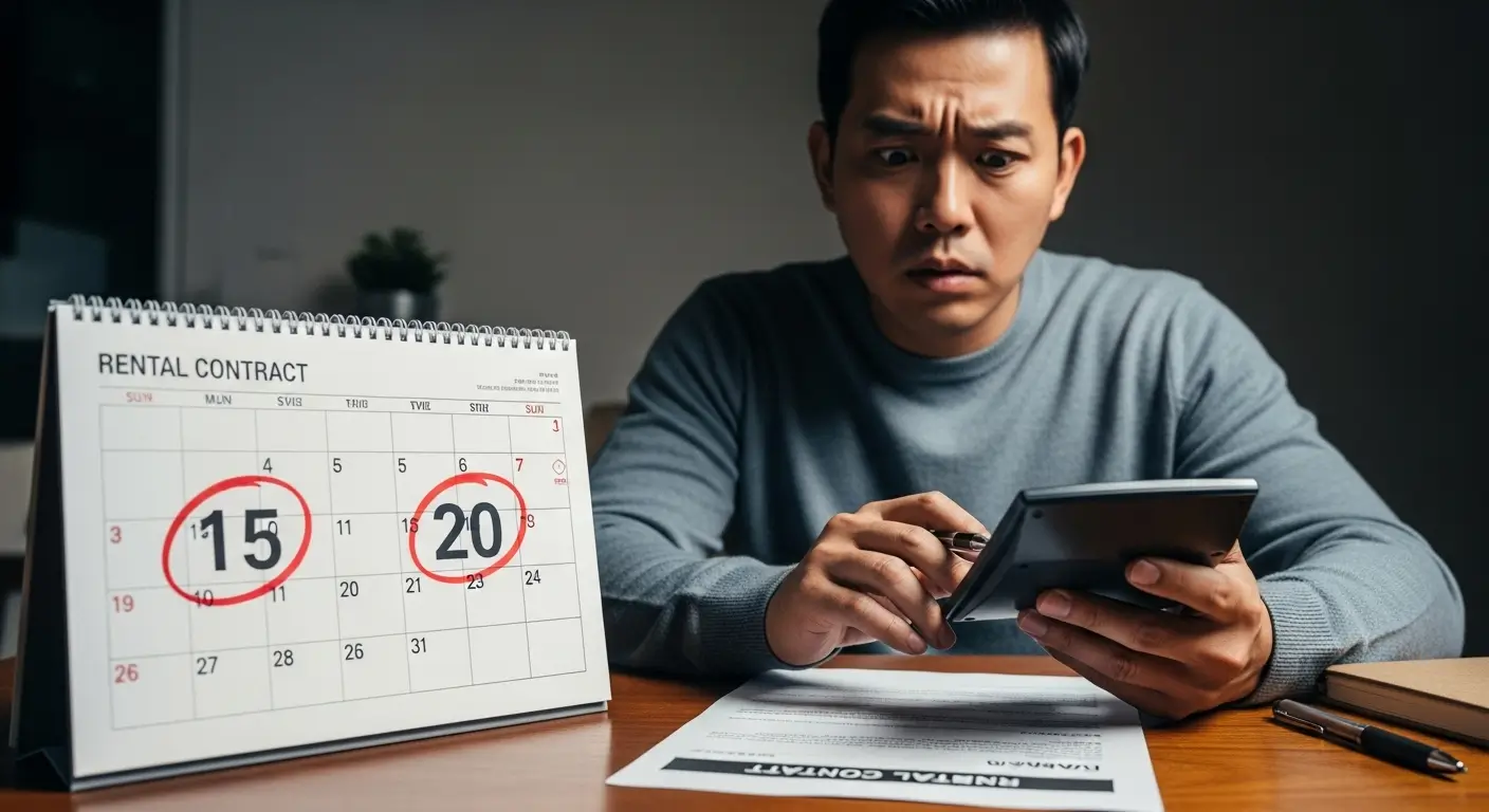 달력에 표시된 이사 날짜와 대출 만기일이 서로 달라 고민하는 세입자의 모습