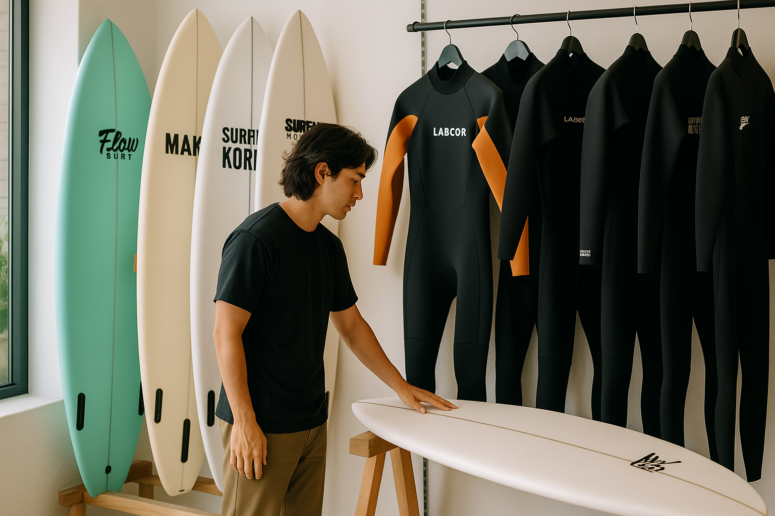 Surfers displaying and choosing various domestic brand boards and suits from my surf shop