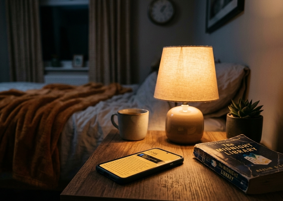 취침 전 블루라이트 차단 모드가 켜진 스마트폰과 따뜻한 무드등이 켜진 침대 탁자 풍경.