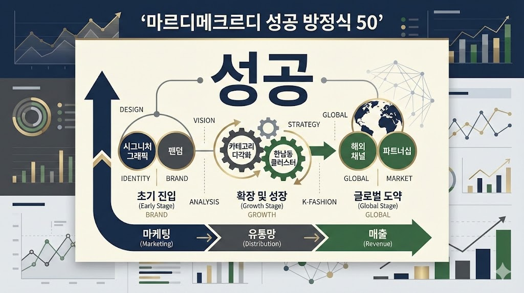 마르디메크르디 브랜드 성공 전략과 글로벌 패션 시장 확장 비즈니스 모델을 분석한 전문 인포그래픽 디자인 이미지