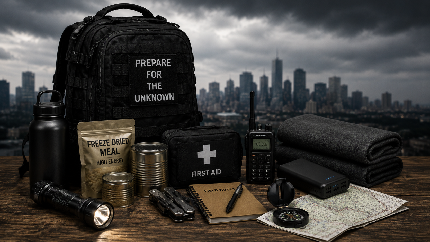 Emergency preparedness equipment representing AI safety risks and future uncertainty