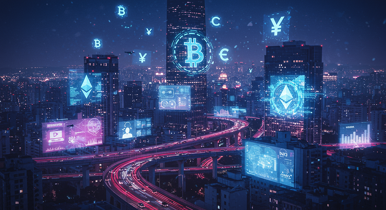 미래의 서울 풍경과 하늘에 떠 있는 디지털 화폐 기호들