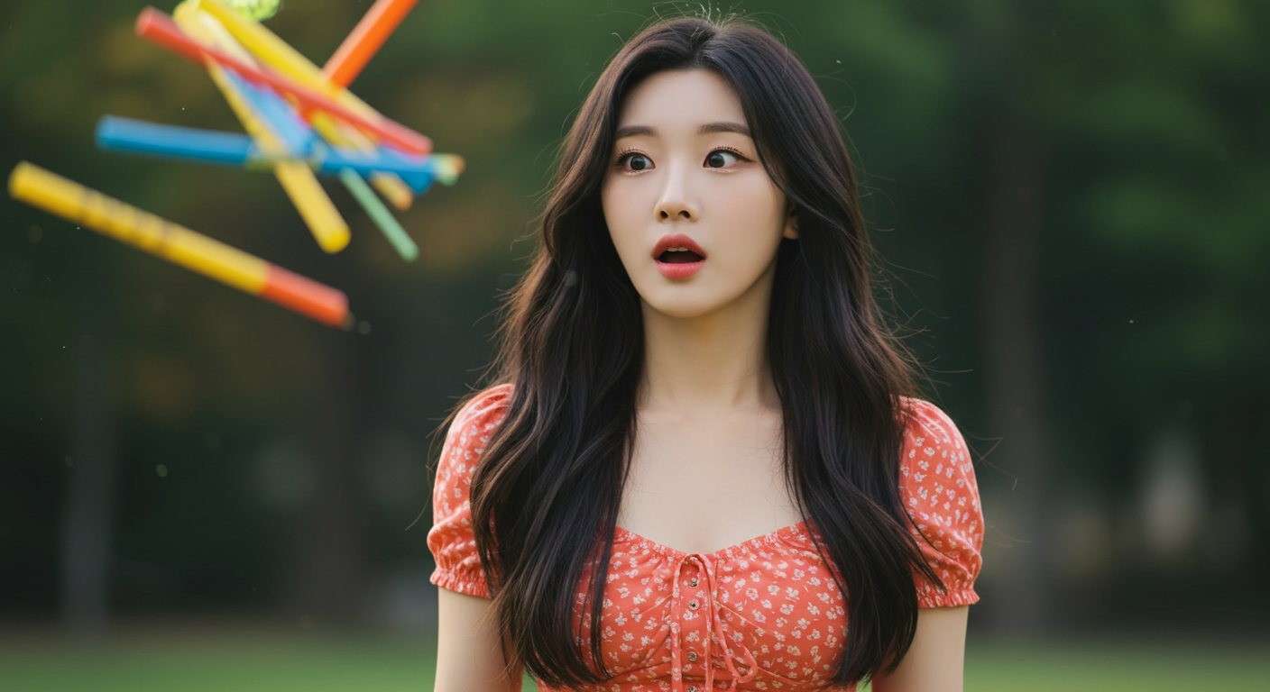 날아오는 막대기를 보고 놀라는 여인.