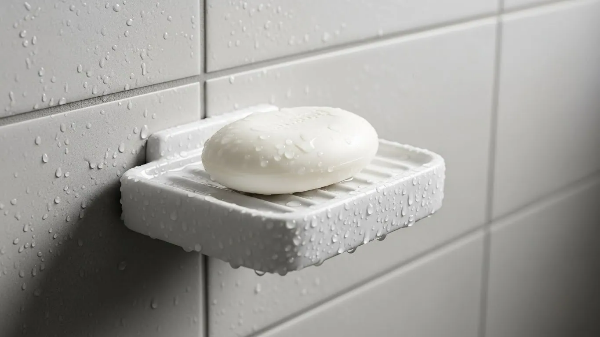공중화장실 비누 받침대 위에 하얀 비누가 놓여 있음