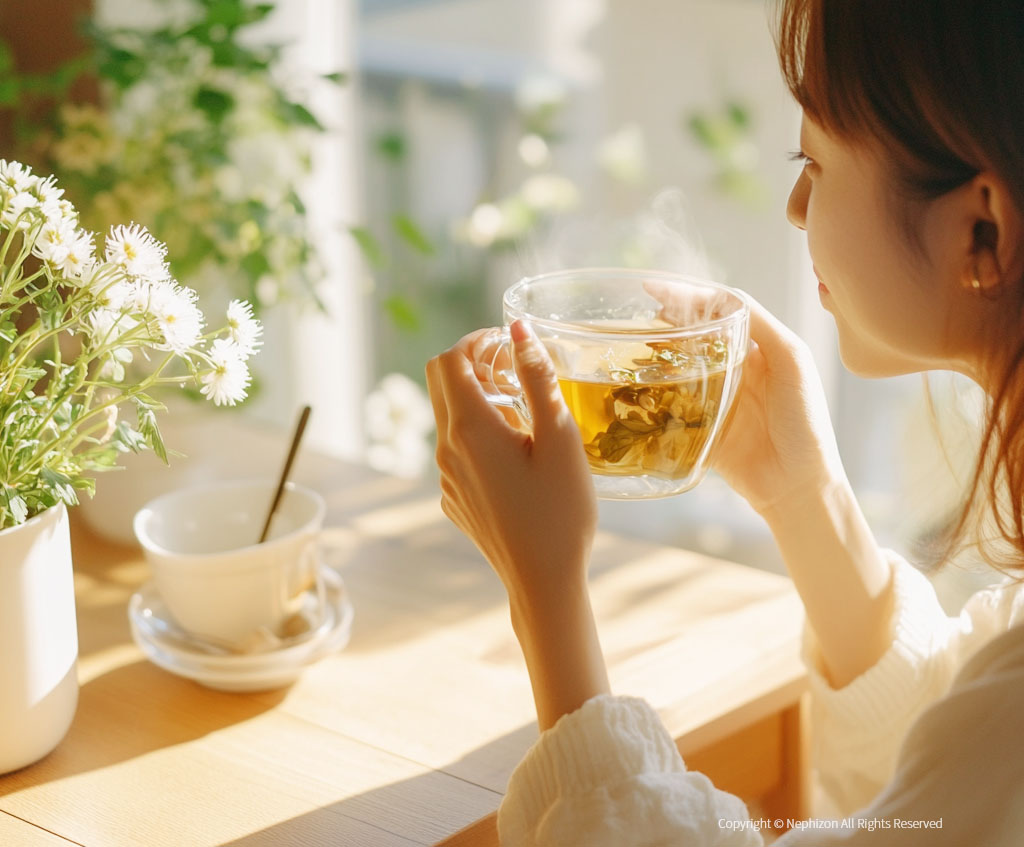 눈 건강을 위해 자연 유래차를 마시고 있는 여성