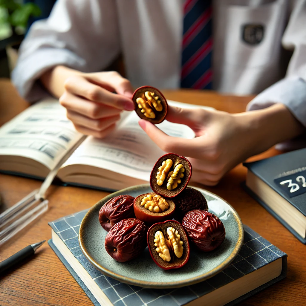 학생이 공부할 때 호두대추 간식이 옆에 있다