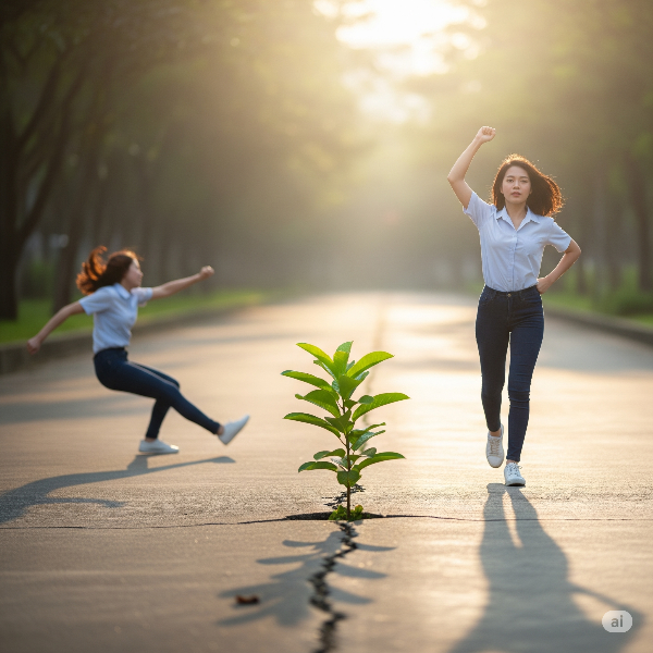 밝은 조명 아래 자신감 있는 표정으로 정면을 응시하는 한 사람, 배경의 다른 사람들은 흐릿하게 처리되어 있으며, 유일하게 빛나는 그 사람의 강렬한 존재감을 부각.