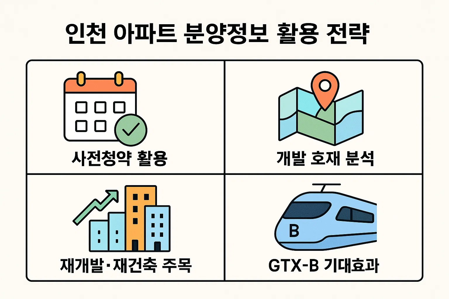 사전청약, 개발호재 분석, GTX-B 효과 등 2025년 인천 아파트 분양정보를 전략적으로 활용하는 방법을 시각화한 인포그래픽입니다.