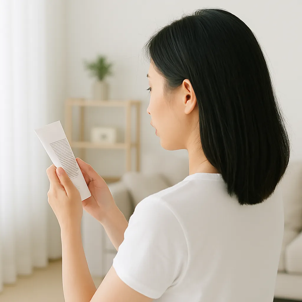 집에서 피부 연고 라벨을 확인하는 여성