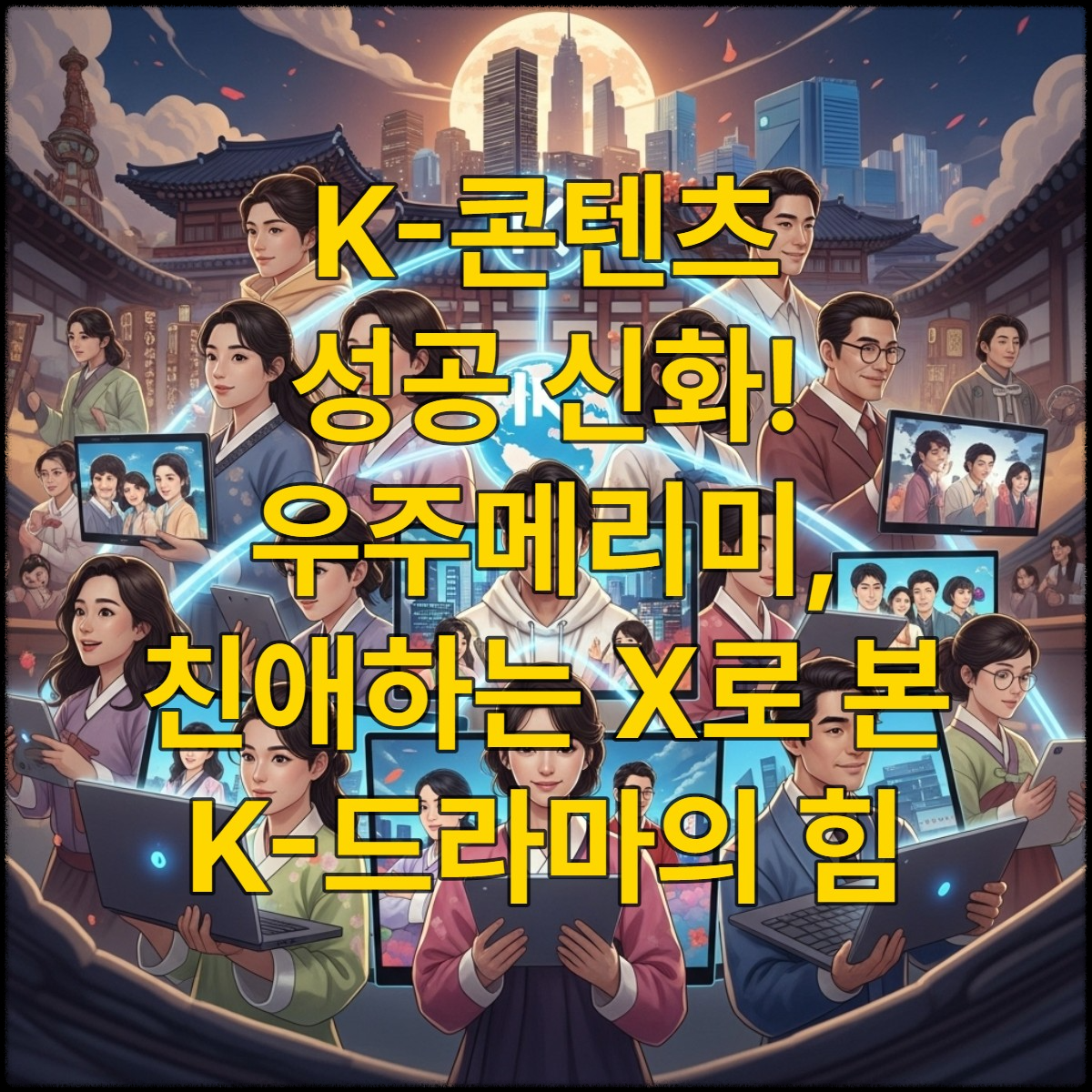 전 세계 다양한 인종과 연령대의 사람들이 각자의 디지털 기기로 K-드라마를 시청하며 즐거워하는 모습, 한국적인 요소와 현대적인 분위기가 어우러진 배경이 글로벌 OTT 흥행을 상징합니다.