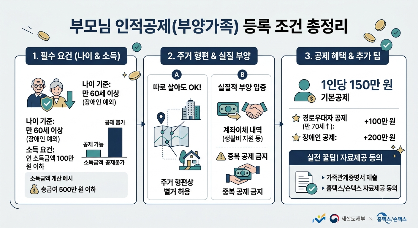 부모님 인적공제 나이 기준 소득 요건 및 따로 사는 부모님 부양가족 등록 조건 인포그래픽