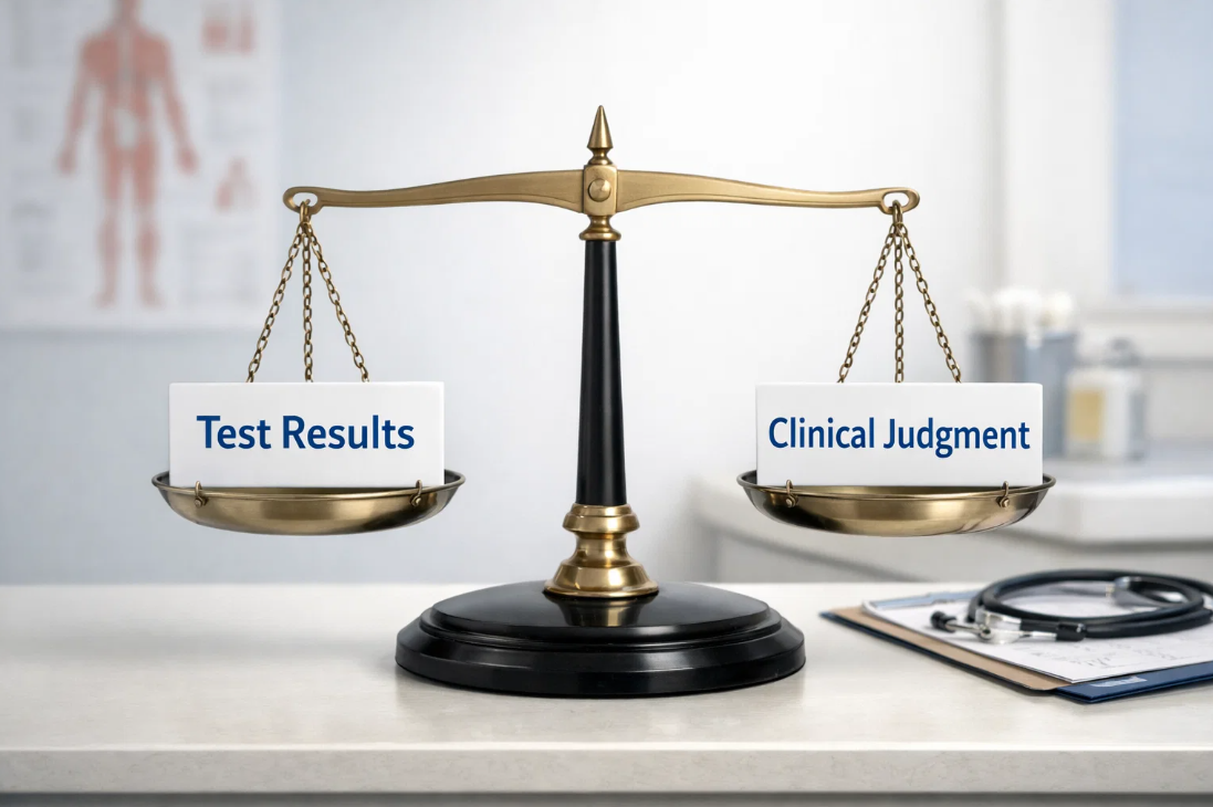 검사 수치로 나온 결과와 실제 임상 판단을 저울로 비교해 보여주며, 검사 결과만으로 진단이 결정되지 않는 의료 판단 구조를 시각적으로 표현한 이미지