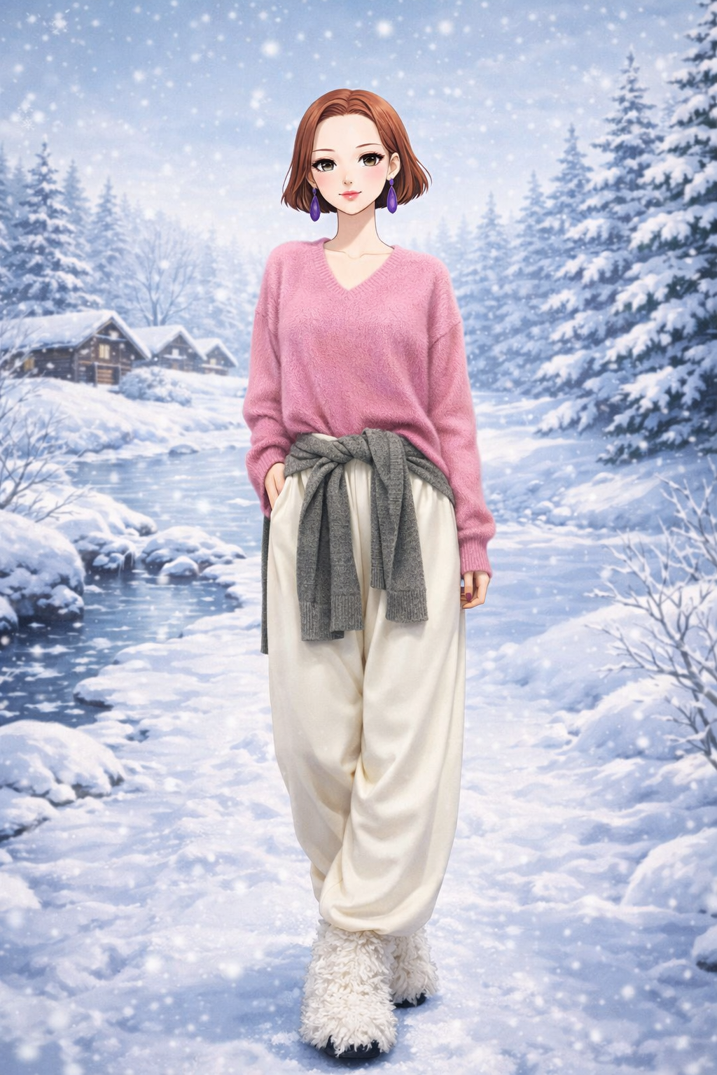 K-Fashion Pink V Neck Knit With Fleece Boots And Soft Winter Style