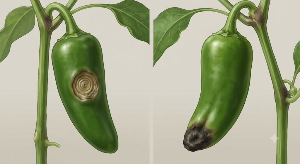 열매 옆면에 동심원 반점이 생기는 탄저병과 열매 끝부분이 까맣게 마르는 칼슘 결핍을 대조