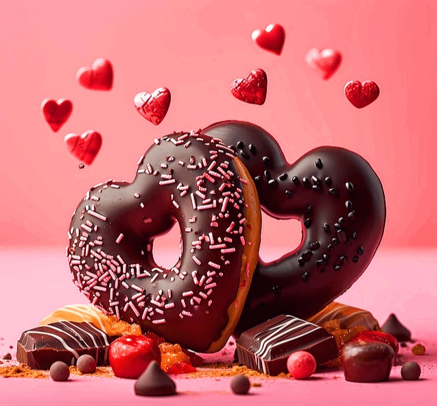 초콜릿이 가득한 하트 모양의 도넛 2개가 있다. 주변엔 작은 붉은색 하트들이 많다.