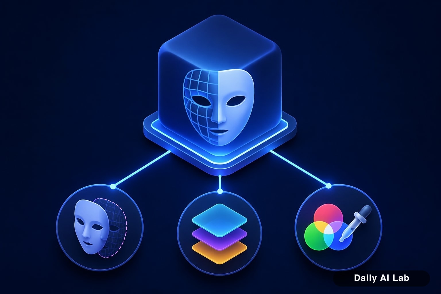 DeepFaceLab 결과물 어색할 때 마스크·색보정 체크 7가지의 핵심 개념을 단순한 테크 일러스트로 표현한 대표 이미지