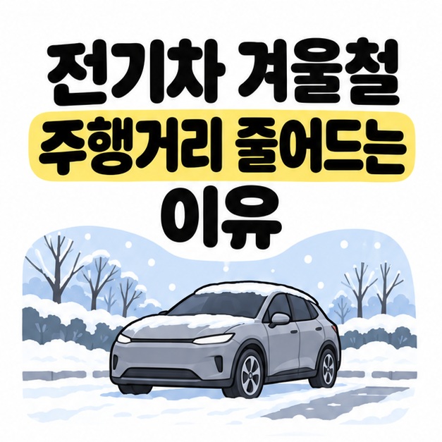 전기차 겨울철 주행거리 줄어드는 이유라는 제목 아래 눈이 쌓인 주차 공간에 회색 전기차가 있는 대표 썸네일