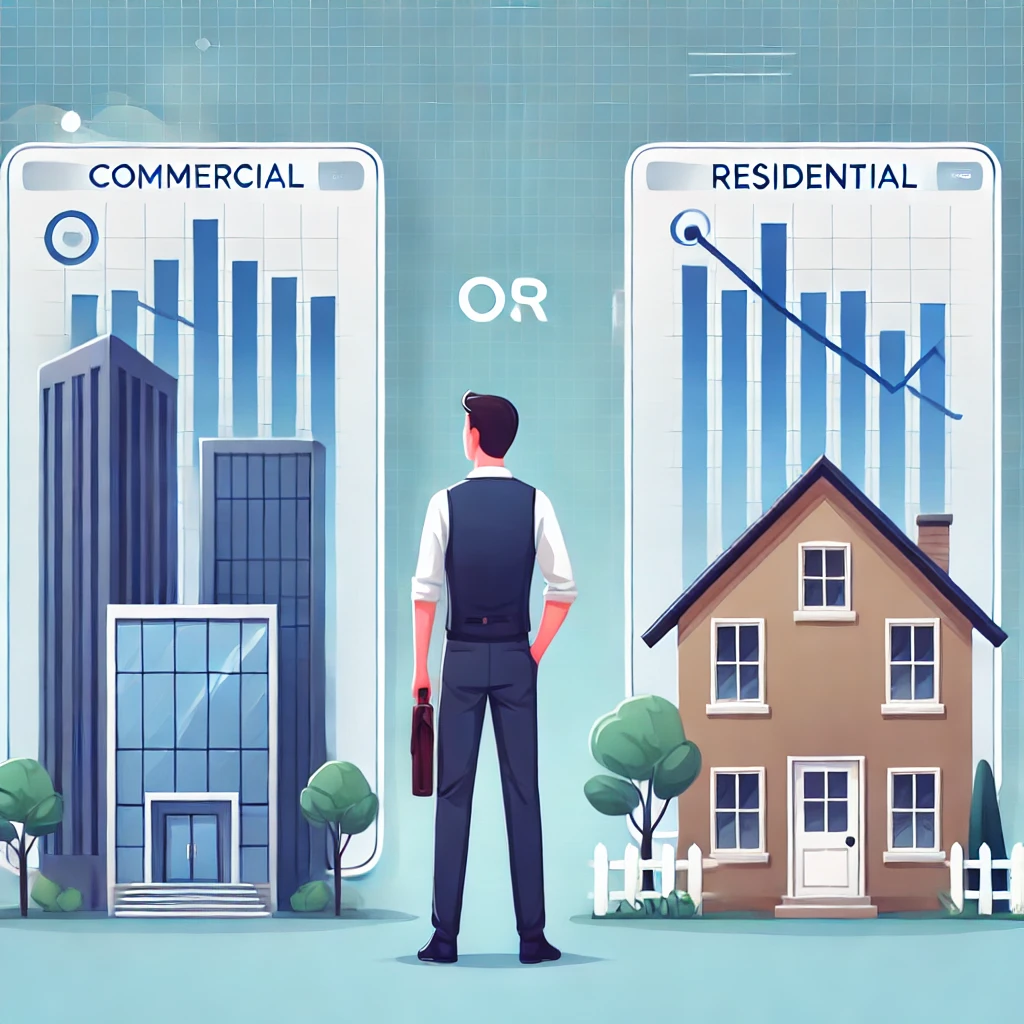 상업용 vs 주거용 부동산 투자 비교: 투자자가 상업용 빌딩과 주거용 주택 사이에서 고민하는 모습.