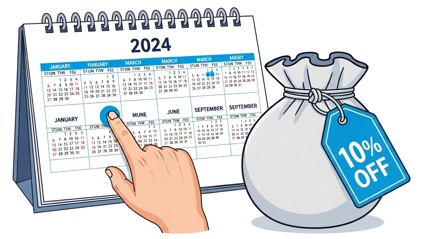 자동차세 연납 신청 시 10% 할인을 받을 수 있는 1월을 강조한 달력 이미지와 할인 혜택을 상징하는 동전 주머니