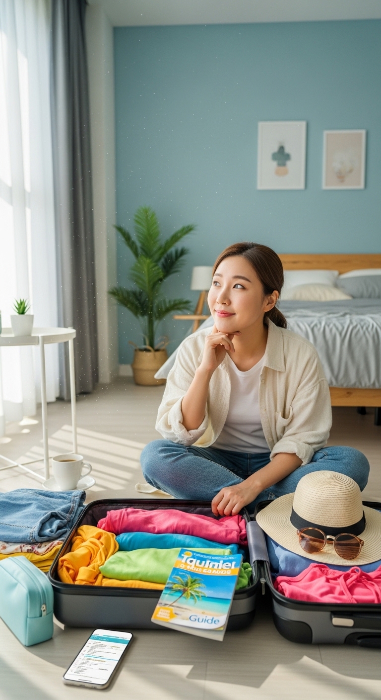 바캉스 짐을 싸며 즐겁게 고민하는 사람의 뒷모습. 여행을 준비하는 설렘이 느껴지는 밝은 분위기의 사진