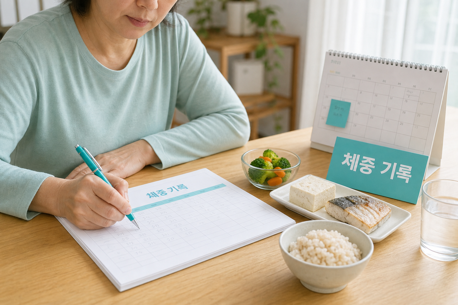 체중 기록표와 식사량 메모를 함께 확인하는 장면