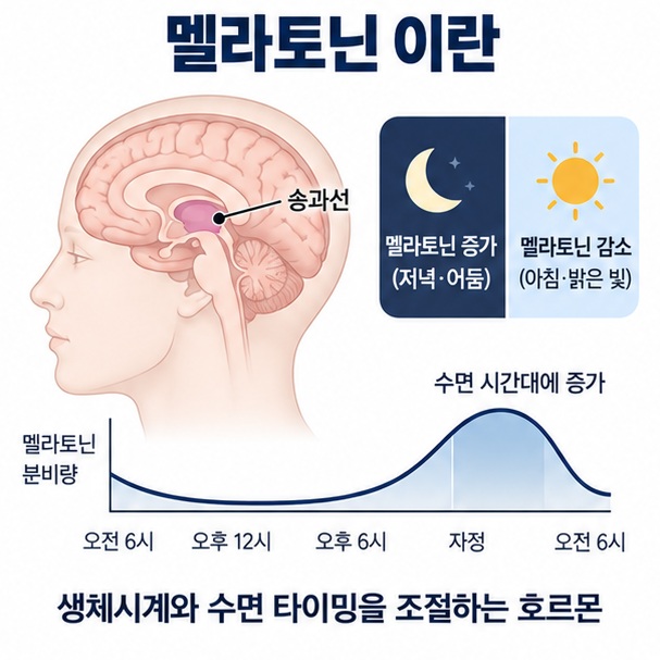 멜라토닌 이란이라는 제목과 뇌 송과선, 달과 해, 수면 각성 주기를 함께 표현한 대표 이미지