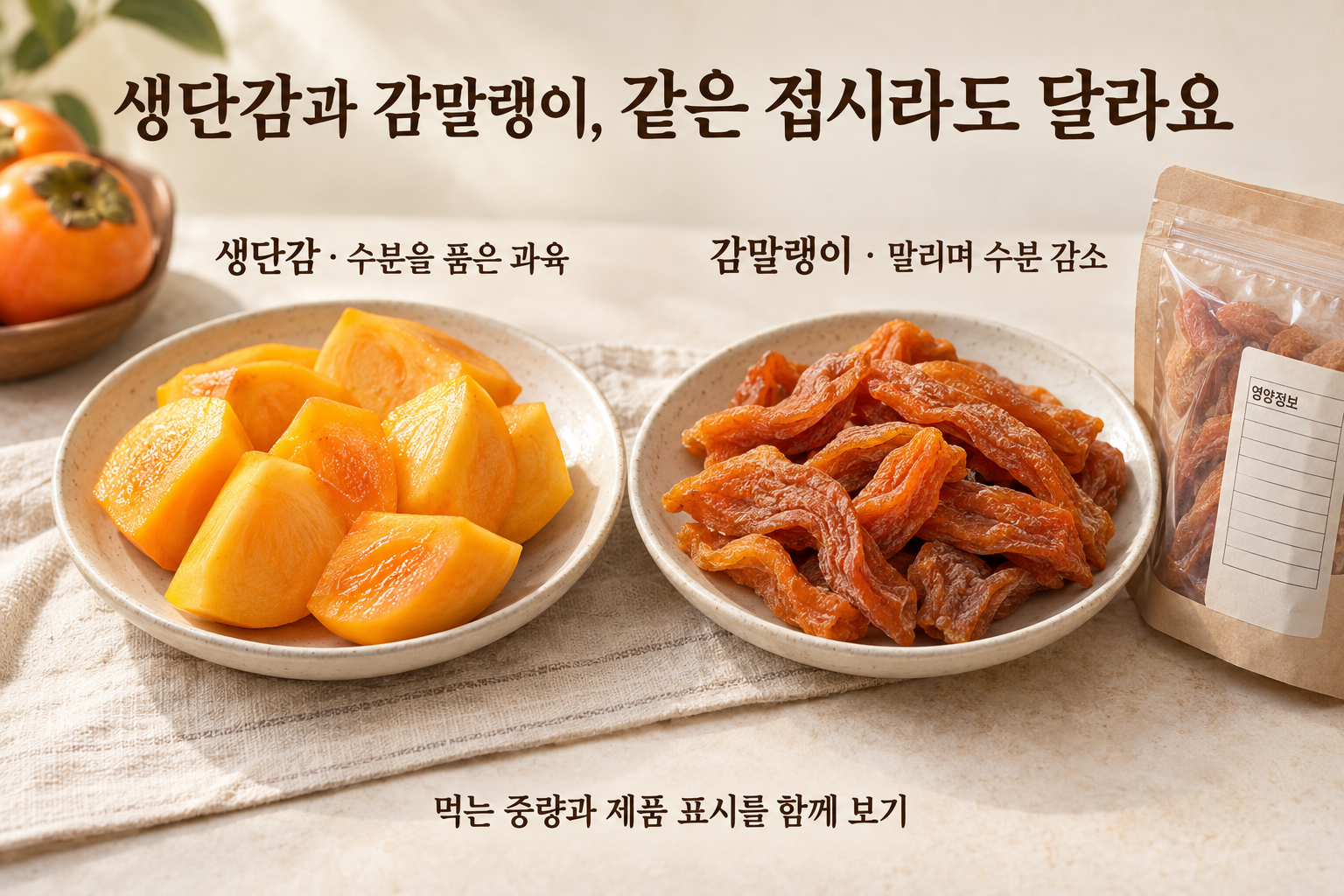 생단감 조각과 주름진 감말랭이를 별도 접시에 놓고 먹는 중량과 제품 표시를 살피는 그림.