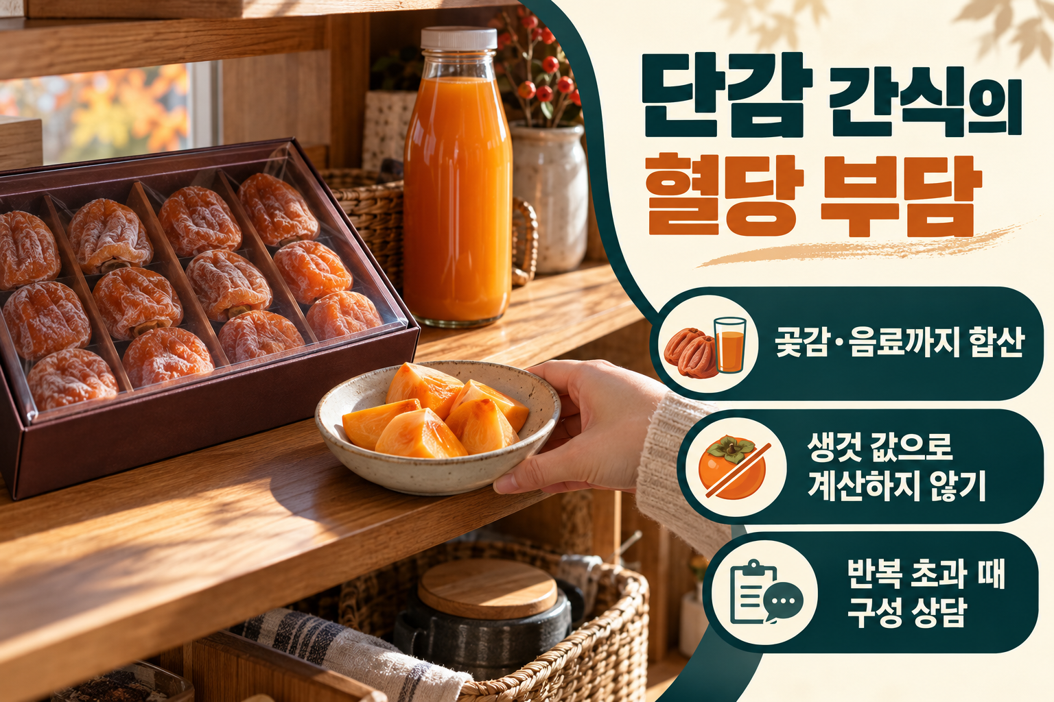 단감 &middot; 곶감&middot;음료까지 겹치면 단감 한 조각만 세지 마세요 실사 인포그래픽