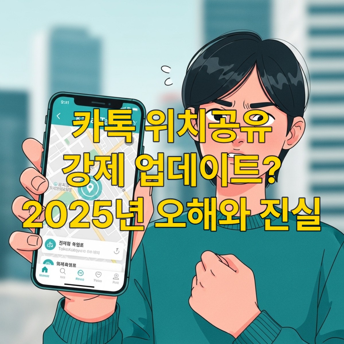 카카오톡 앱 화면과 지도 위에 위치 아이콘이 표시된 스마트폰을 들고 있는 사람의 모습, 카카오톡 위치 공유 기능에 대한 오해를 풀고 해결책을 찾는다는 의미를 담고 있습니다.