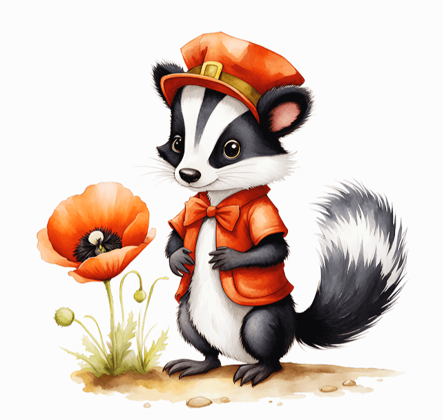 검정색과 하얀색 털을 가진 오소리가 다홍색 모자와 옷을 입고 붉은 꽃 옆에 서 있다.