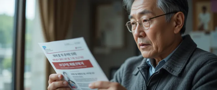 우편으로 받은 건강검진 안내문을 읽고 있는 노인의 모습