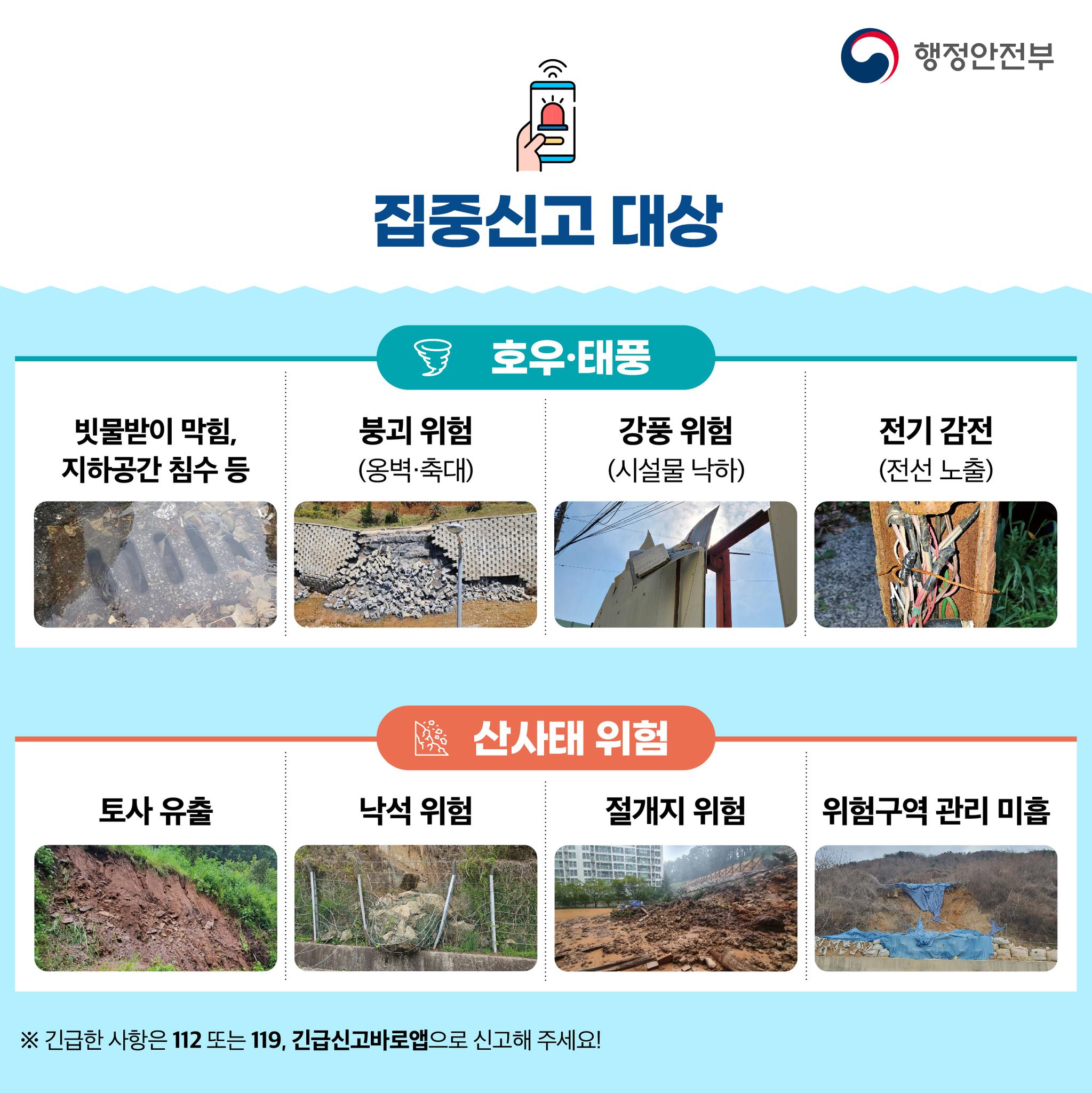 집중 신고대상(호우, 태풍, 산사태)