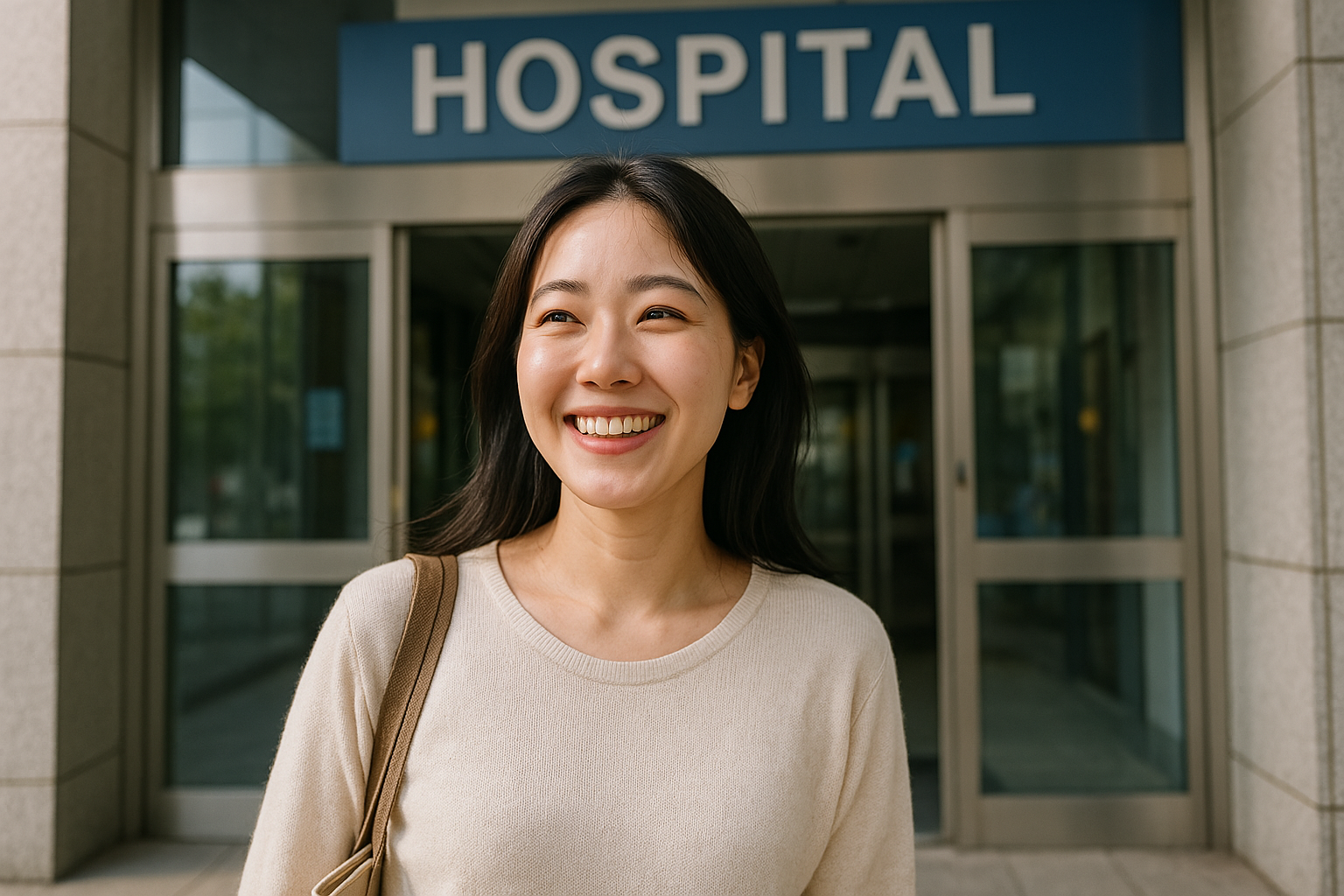 병원진료를 마치고 밝은 모습으로 나오는 여성