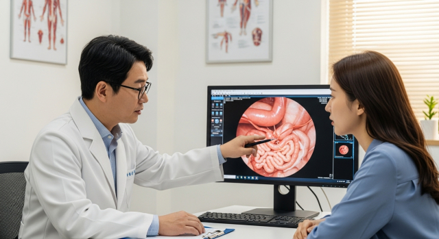 의료진이 환자에게 검사 결과를 설명하는 장면