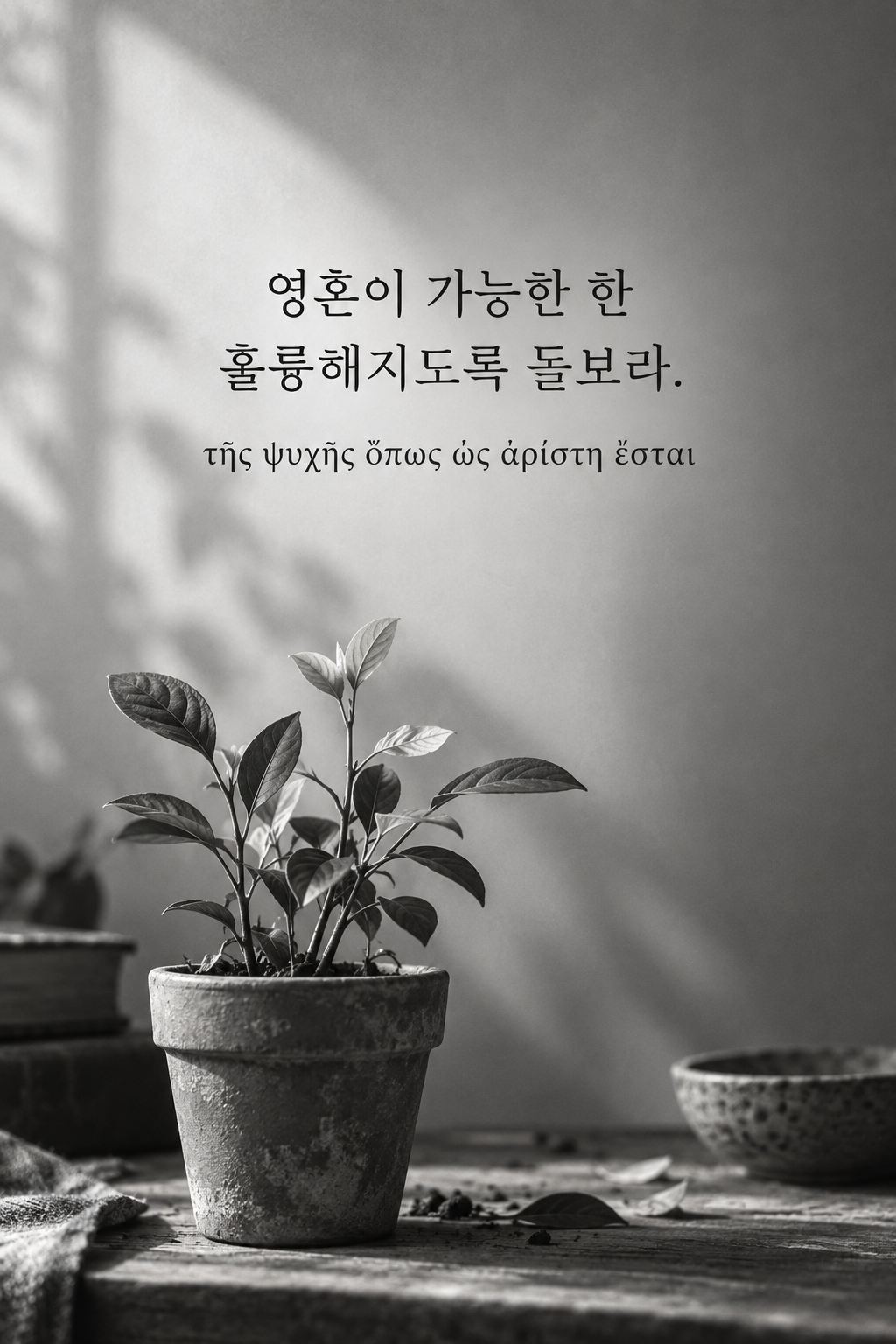 소크라테스 명언 8 &mdash; 영혼이 가능한 한 훌륭해지도록 돌보라. &mdash; 작은 화분에 돋은 새잎