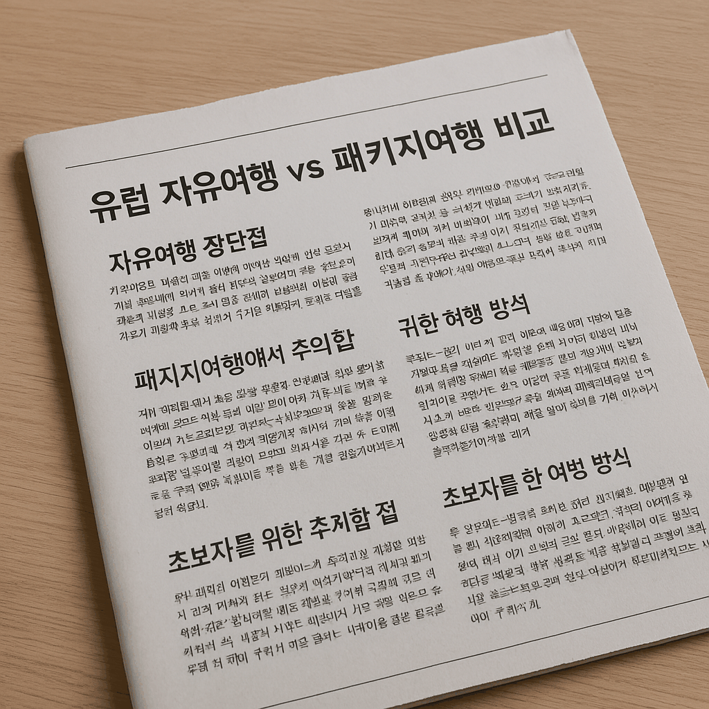 신문 기사 형식으로 구성된 여행 비교 글이 나무 테이블 위에 깔끔하게 펼쳐져 있는 이미지