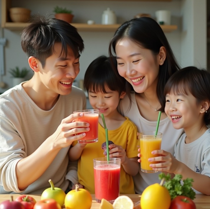 디톡스 주스 마시는 가족 이미지