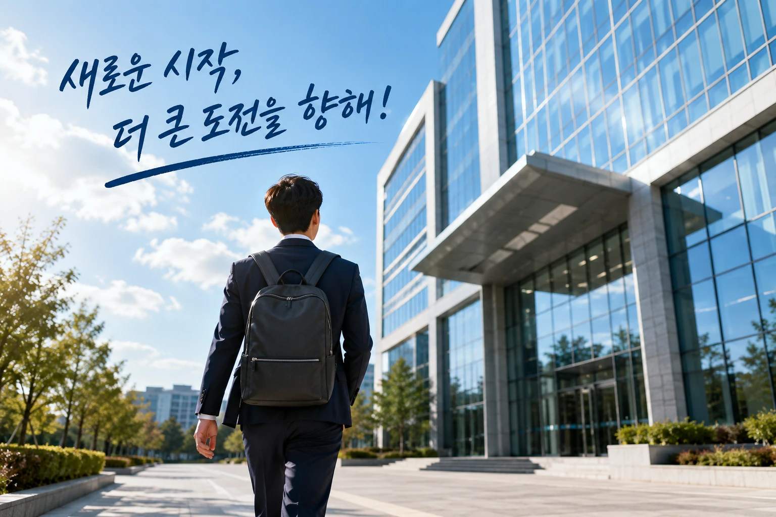 오피스 건물로 자신감 있게 걸어가는 청년의 뒷모습