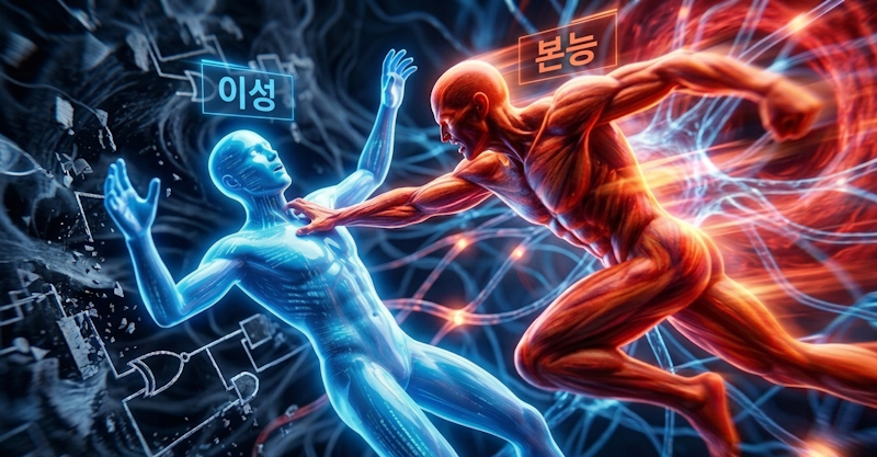 푸른색 이성과 붉은색 본능 캐릭터의 충돌